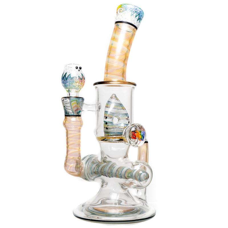 Ben Wilson - Hollow Foot Inline Recycler w/ Triple Donut Perc - Fume w/ White & Rainbow Linework - The Cave