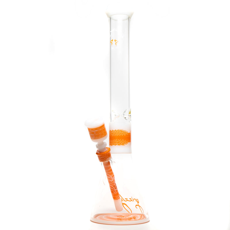 Grizzly Glass - 19" Custom Worked Beaker w/ Faceted Joint & Slide - Orange & White Wag - The Cave