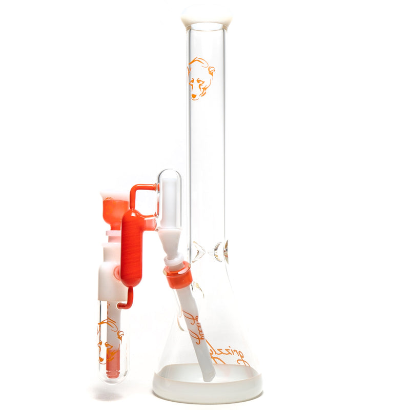 Grizzly Glass - 18" Beaker Color w/ Ashcatch & Faceted Joint - 50mm - Orange & White Accents - The Cave