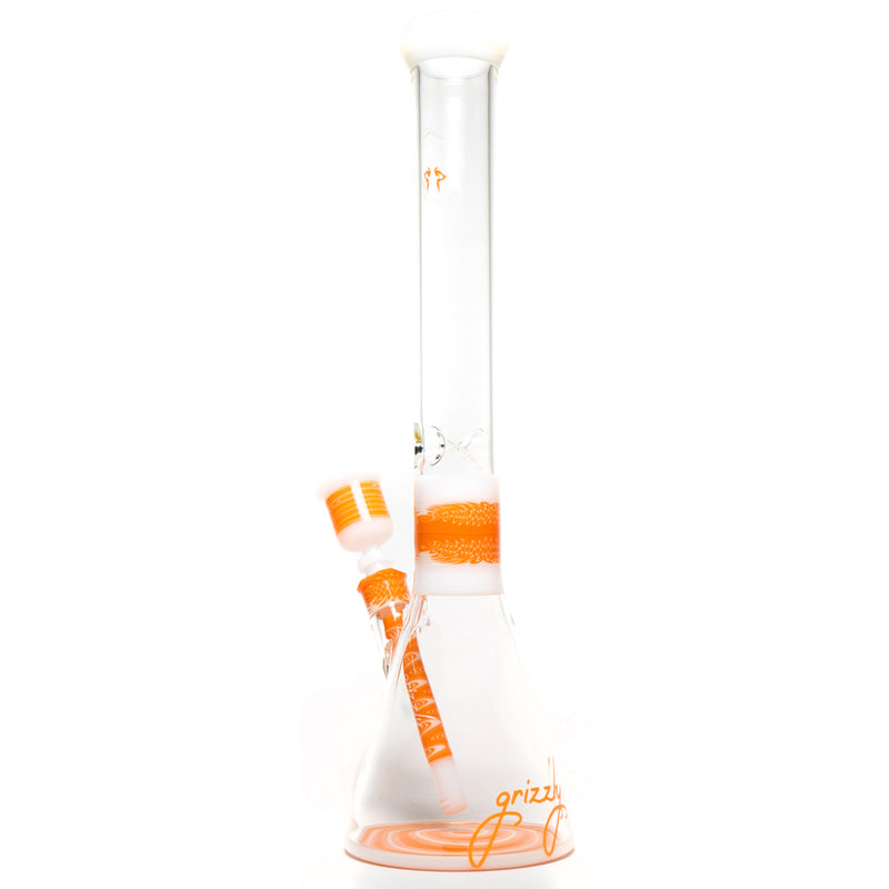 Grizzly Glass - 19" Custom Worked Beaker w/ Faceted Joint & Slide - Orange & White Wag - The Cave