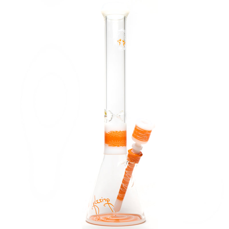 Grizzly Glass - 19" Custom Worked Beaker w/ Faceted Joint & Slide - Orange & White Wag - The Cave