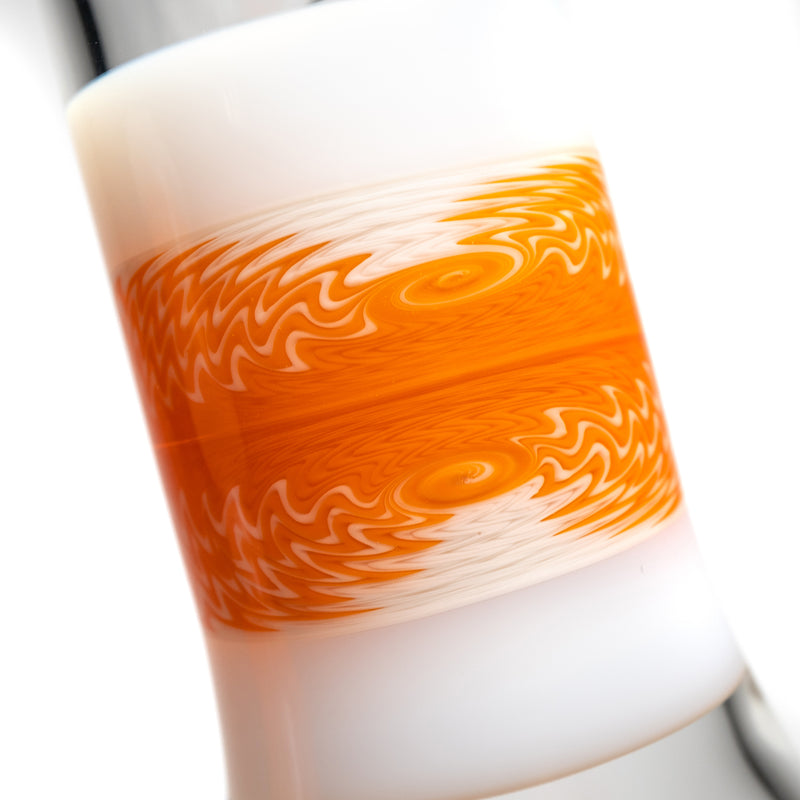 Grizzly Glass - 19" Custom Worked Beaker w/ Faceted Joint & Slide - Orange & White Wag - The Cave