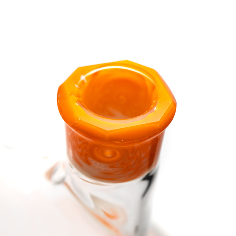 Grizzly Glass - 19" Custom Worked Beaker w/ Faceted Joint & Slide - Orange & White Wag - The Cave